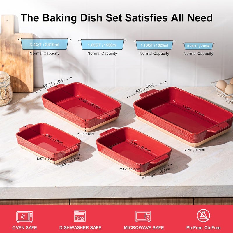Dafuceramic Casserole Dishes for Oven, Baking Dishes, Ceramic Bakeware Sets of 4, Rectangular Baking Pan Set with Handles for Baking, Casserole, Kitchen, Wedding Gift (Red Yellow) - Image 2